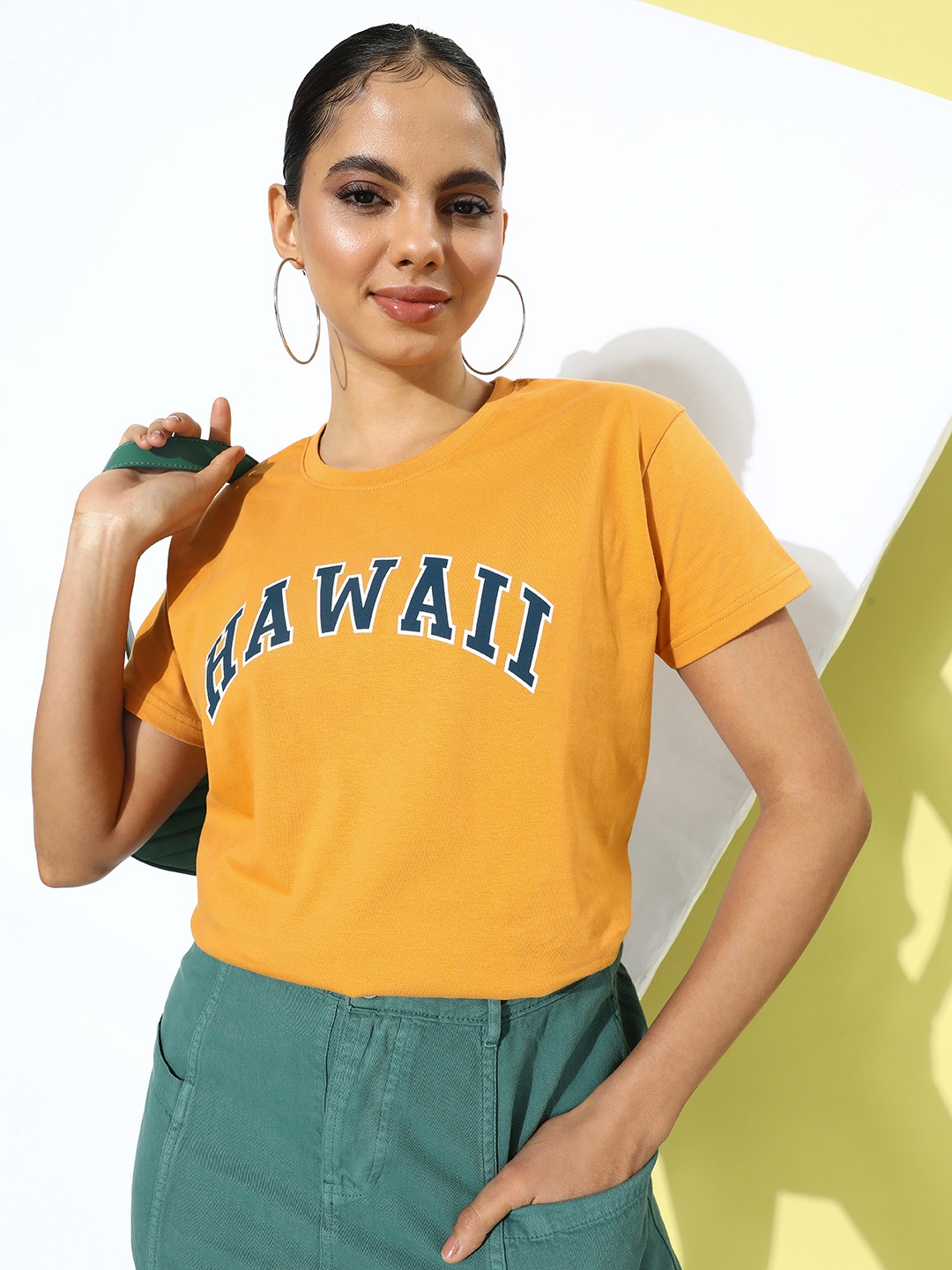 

DILLINGER Women Typography Printed Boxy T-shirt, Mustard
