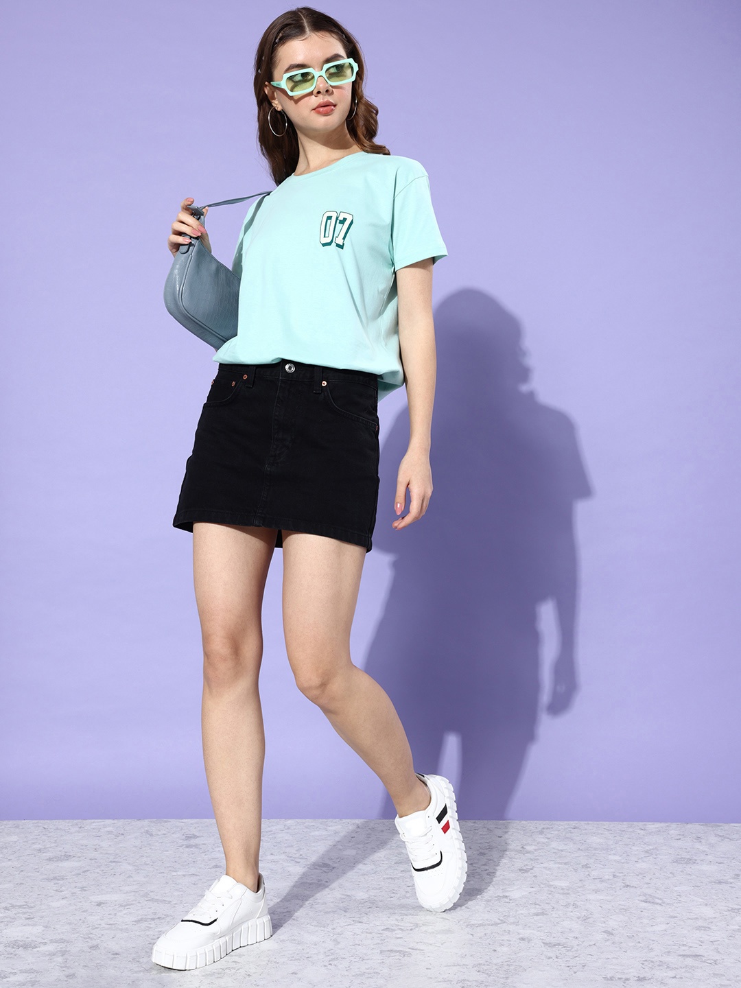 

DILLINGER Women Typography Printed Pure Cotton Boxy T-shirt, Turquoise blue