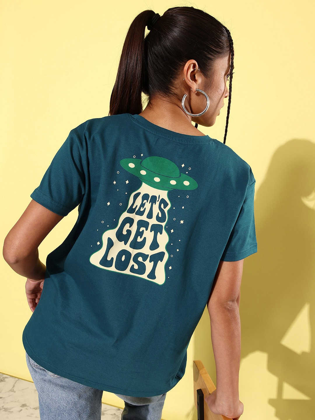 

Difference of Opinion Women Printed Pure Cotton Boxy T-shirt, Teal