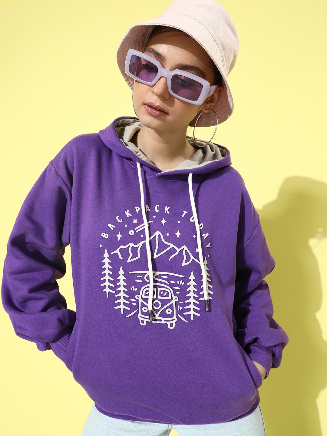 

DILLINGER Women Graphic Printed Hooded Oversized Sweatshirt, Purple