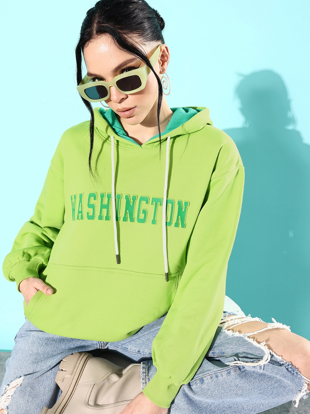 

DILLINGER Typography Oversized Hooded Fleece Sweatshirt, Lime green