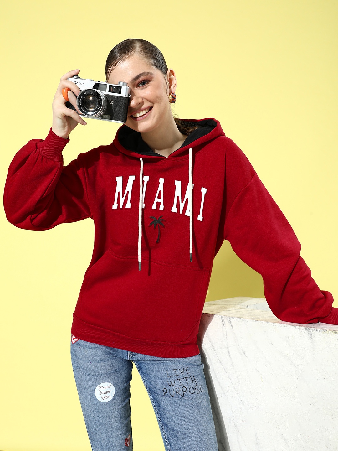 

DILLINGER Women Typography Printed Hooded Oversized Sweatshirt, Red
