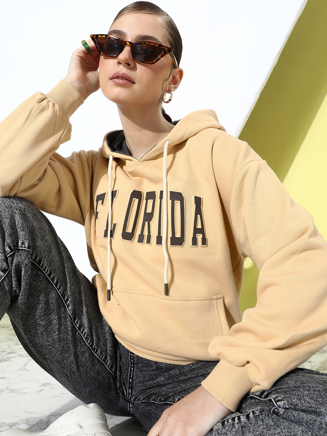 

DILLINGER Women Typography Printed Hooded Oversized Sweatshirt, Beige