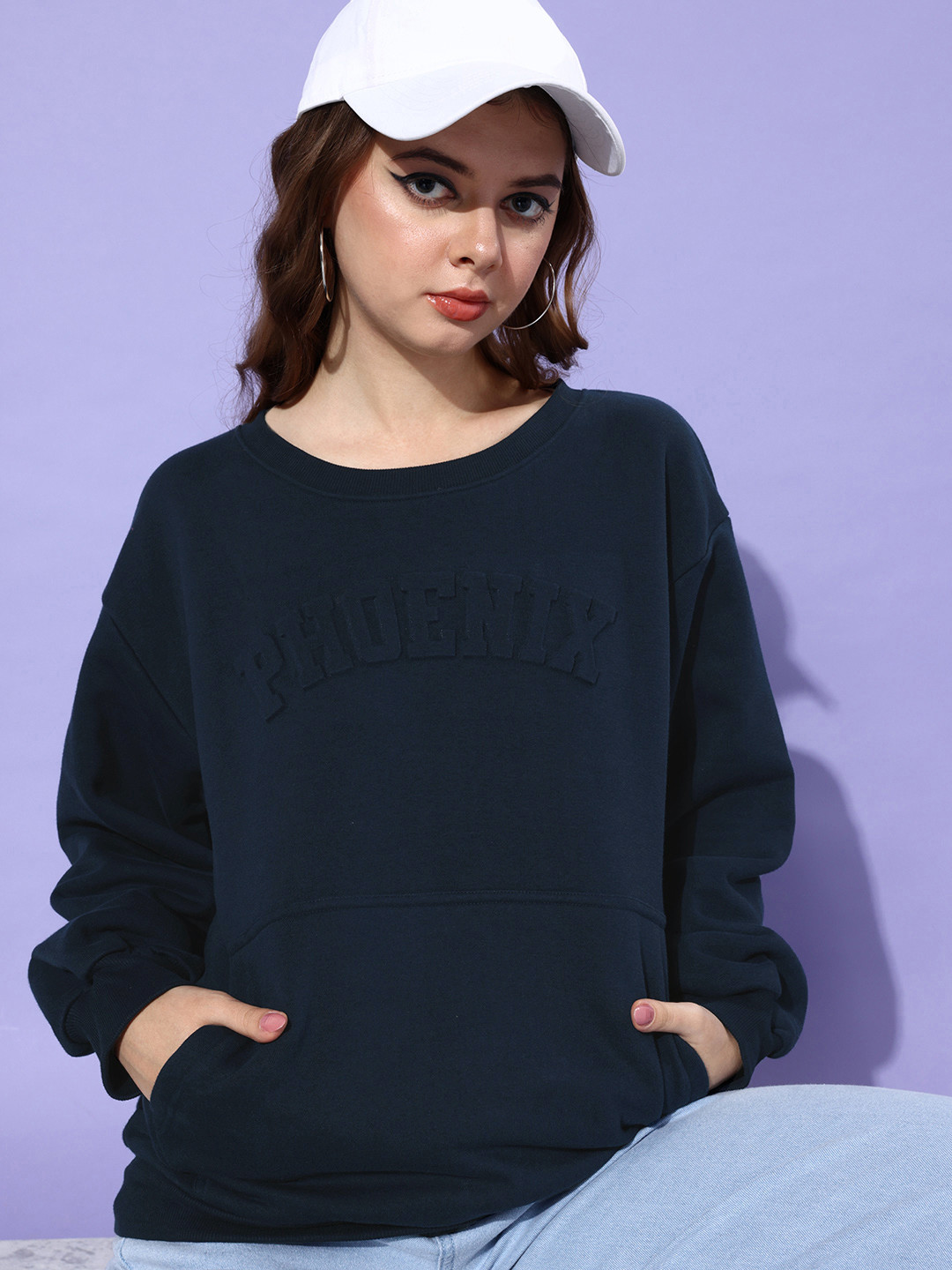 

DILLINGER Women Typography Printed Oversized Sweatshirt, Navy blue