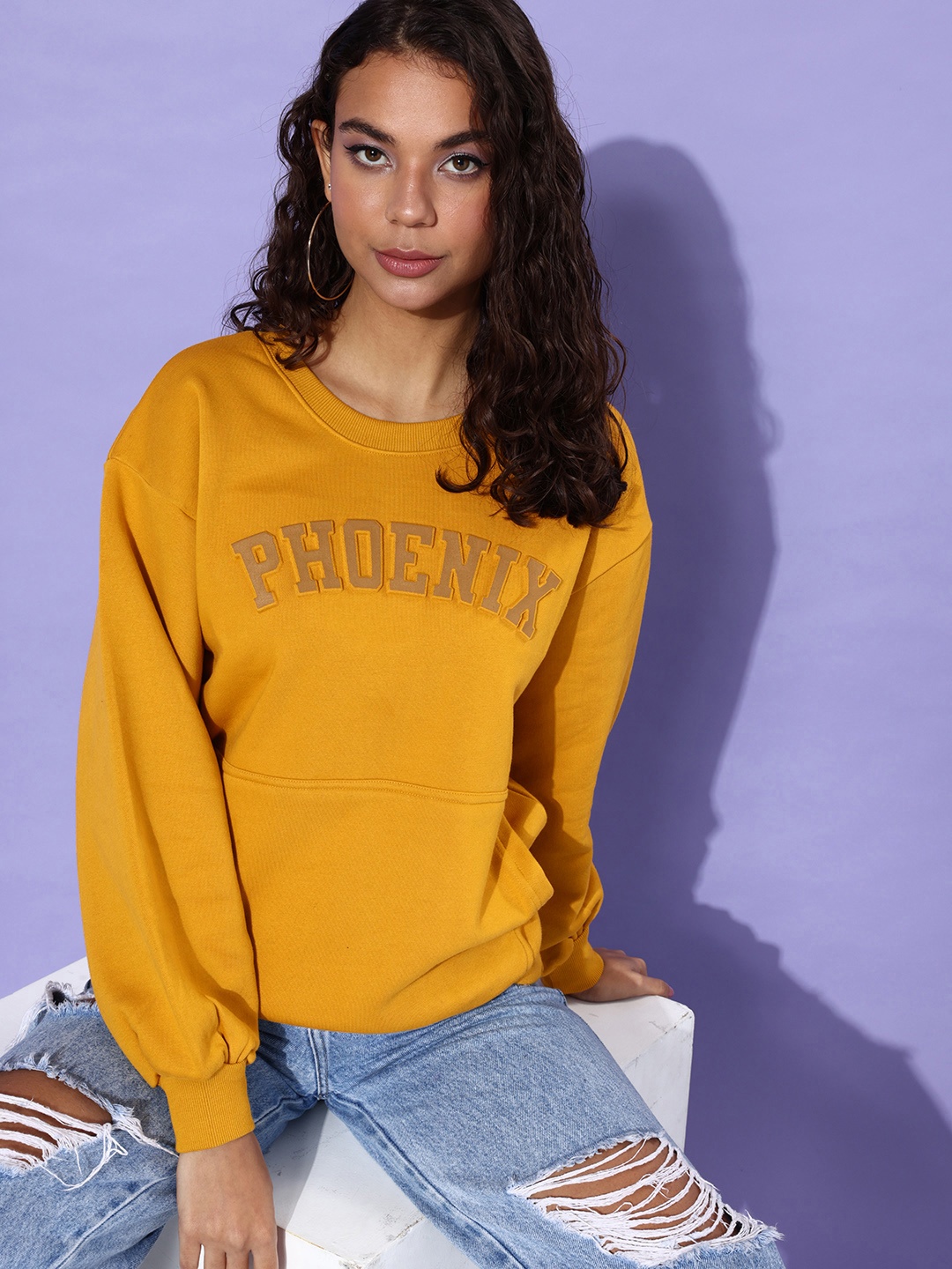 

DILLINGER Women Typography Printed Oversized Sweatshirt, Mustard