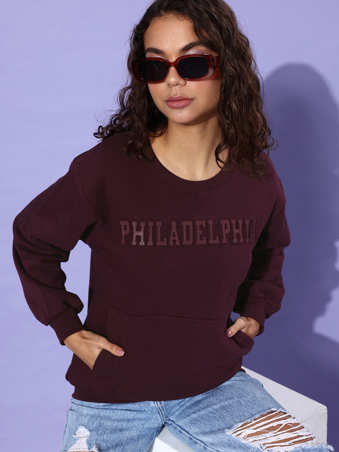 

DILLINGER Women Typography Printed Oversized Sweatshirt, Burgundy