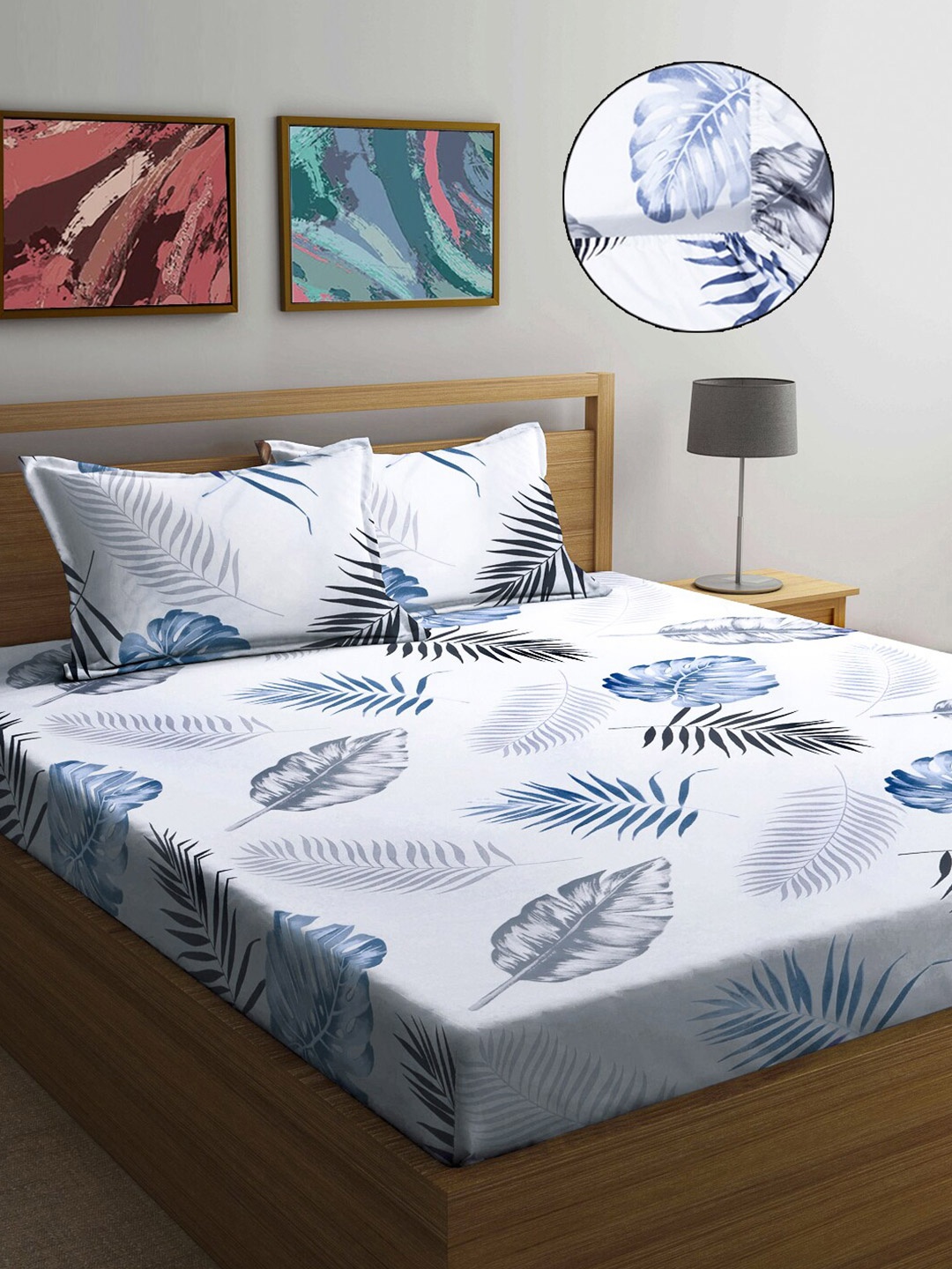 

FABINALIV White & Blue Floral Print 300 TC Fitted King Bedsheet & 2 Pillow Covers