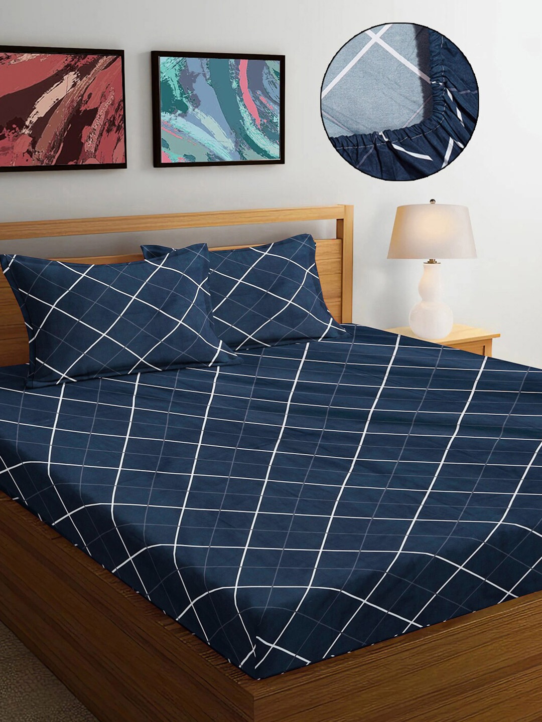 

FABINALIV Blue & White Geometric 300 TC Fitted King Bedsheet with 2 Pillow Covers