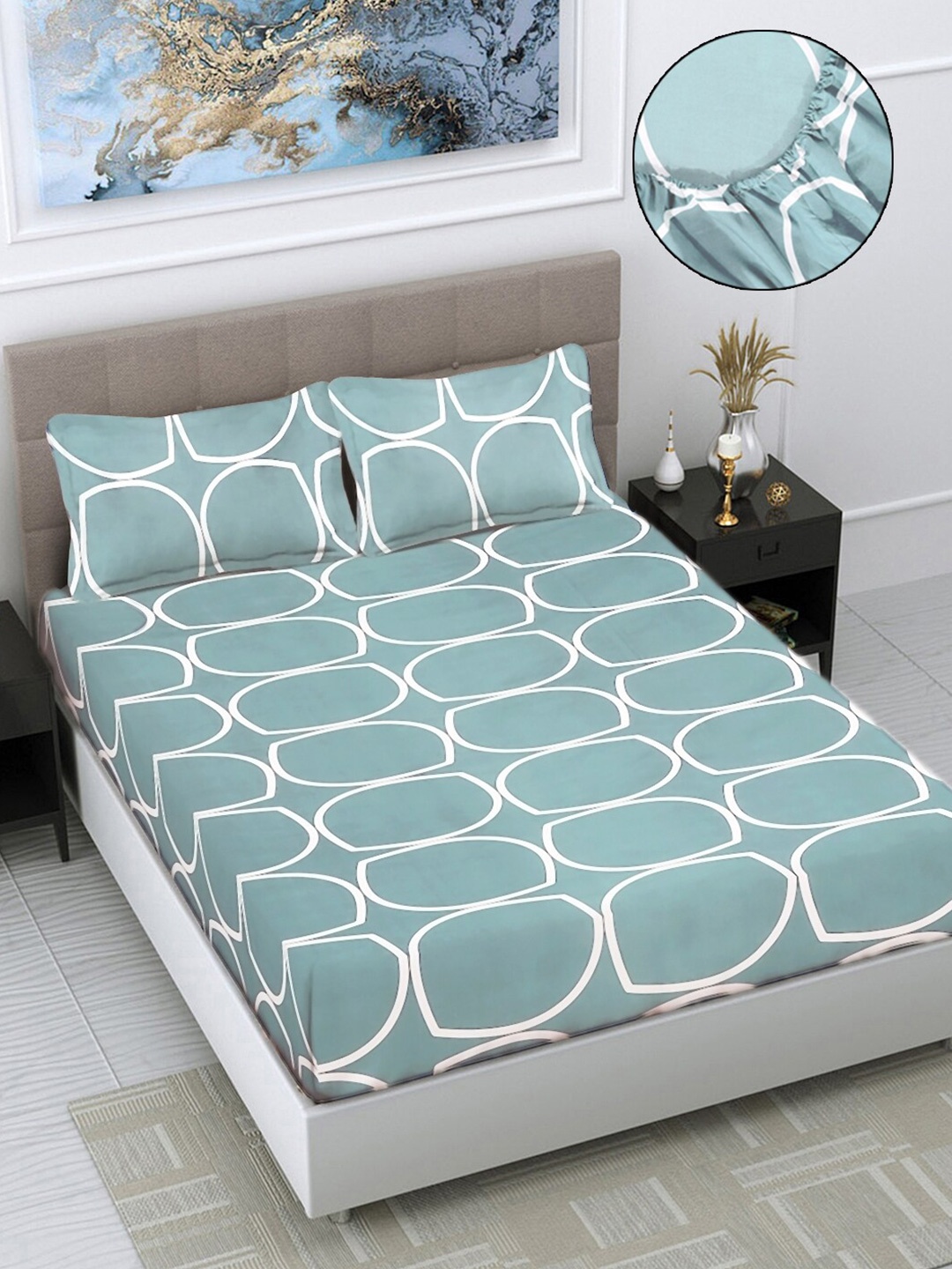 

FABINALIV Teal & White Geometric Print 300 TC Fitted King Bedsheet & 2 Pillow Covers