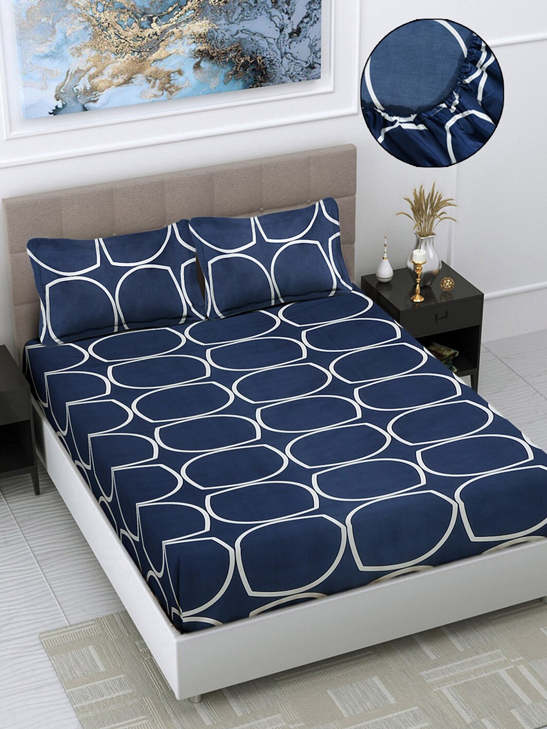 

FABINALIV Blue & White Geometric 300 TC Fitted King Bedsheet with 2 Pillow Covers