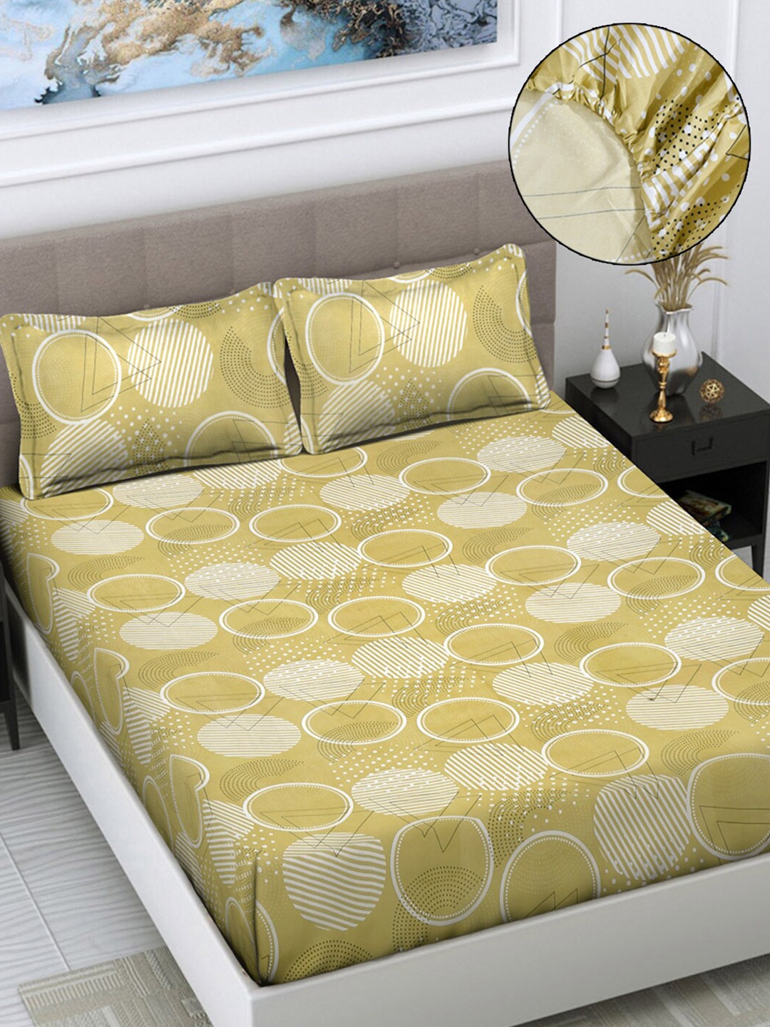 

FABINALIV Green & White Geometric 300 TC Fitted King Bedsheet with 2 Pillow Covers