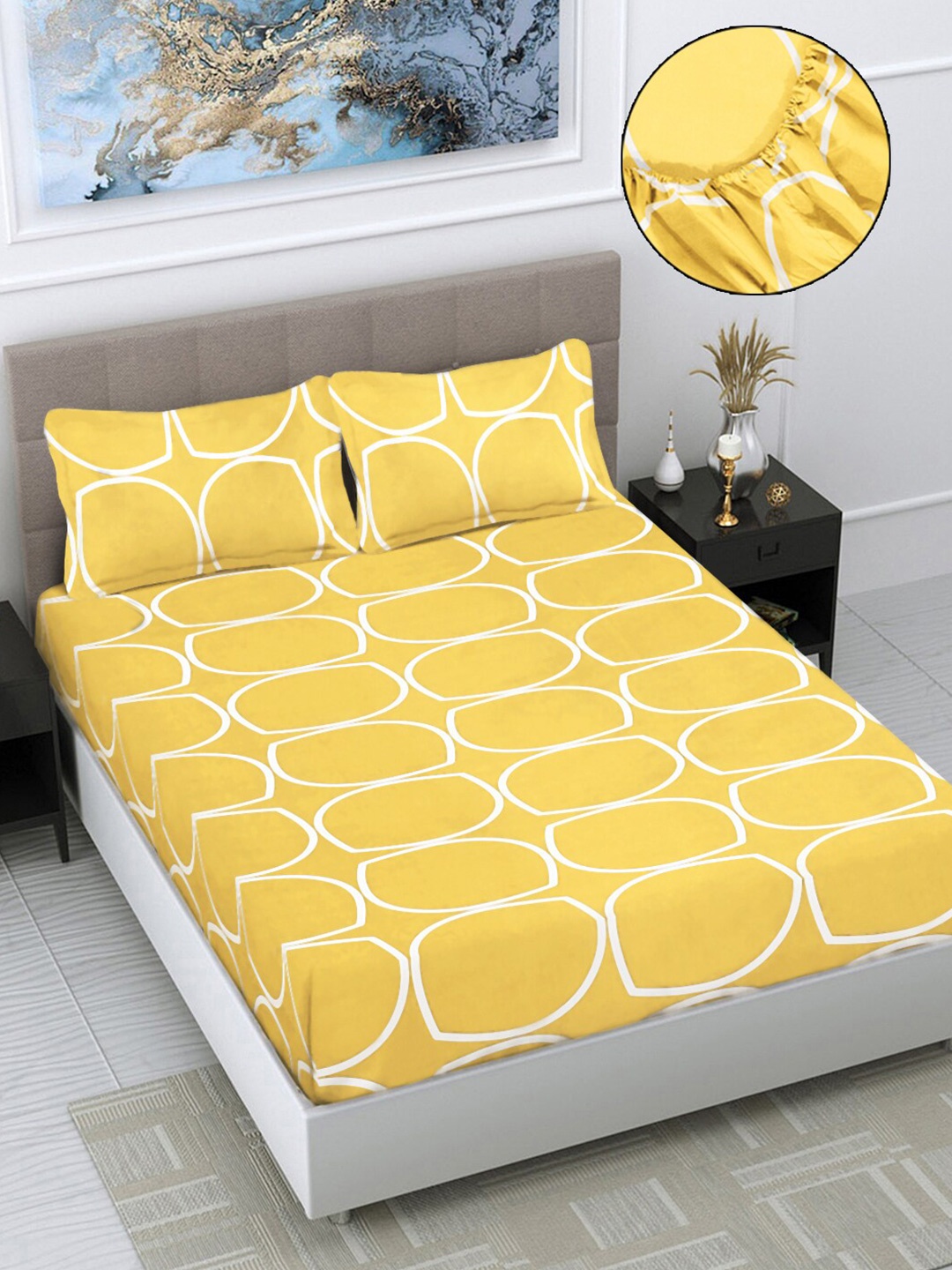 

FABINALIV Yellow & White Geometric 300 TC Fitted King Bedsheet with 2 Pillow Covers