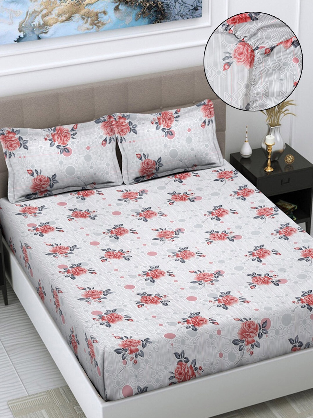 

FABINALIV White & Red Floral Print 300 TC Fitted King Bedsheet & 2 Pillow Covers