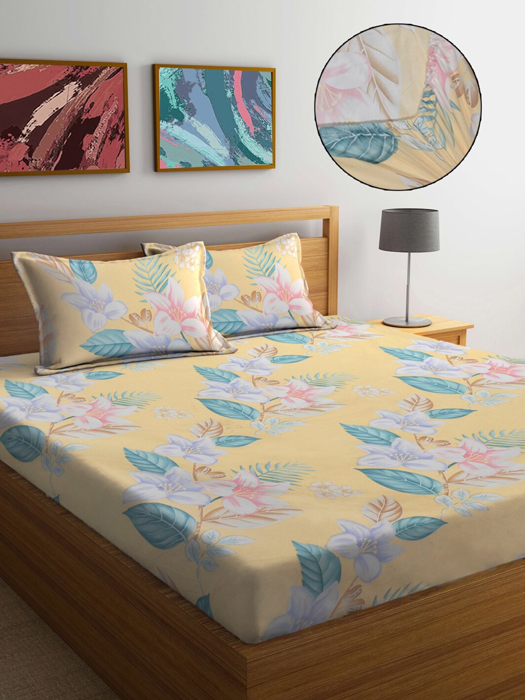 

FABINALIV Yellow & Green Floral 300 TC Fitted King Bedsheet with 2 Pillow Covers