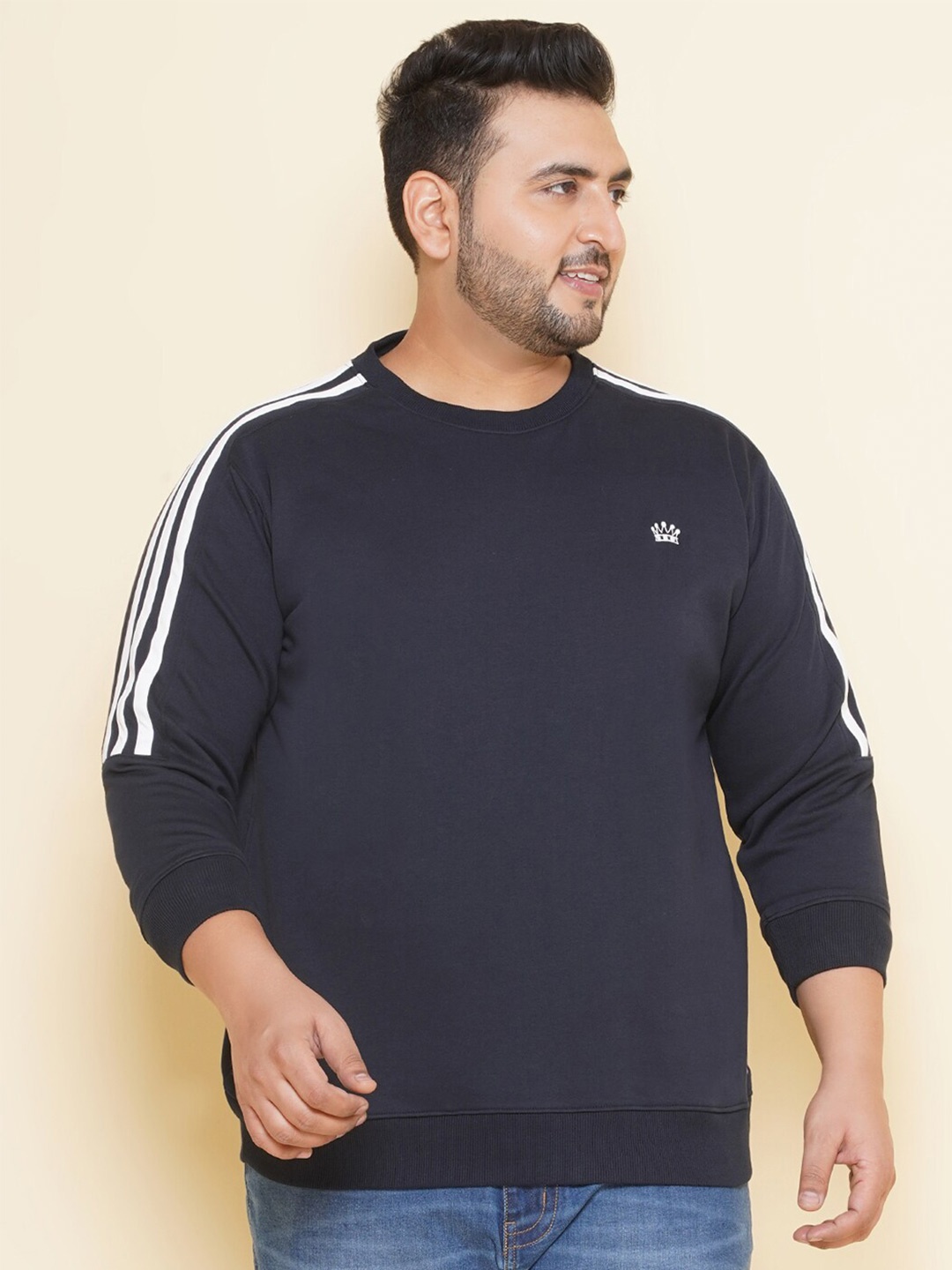 

John Pride Plus Size Striped Round Neck Fleece Pullover Sweatshirt, Navy blue