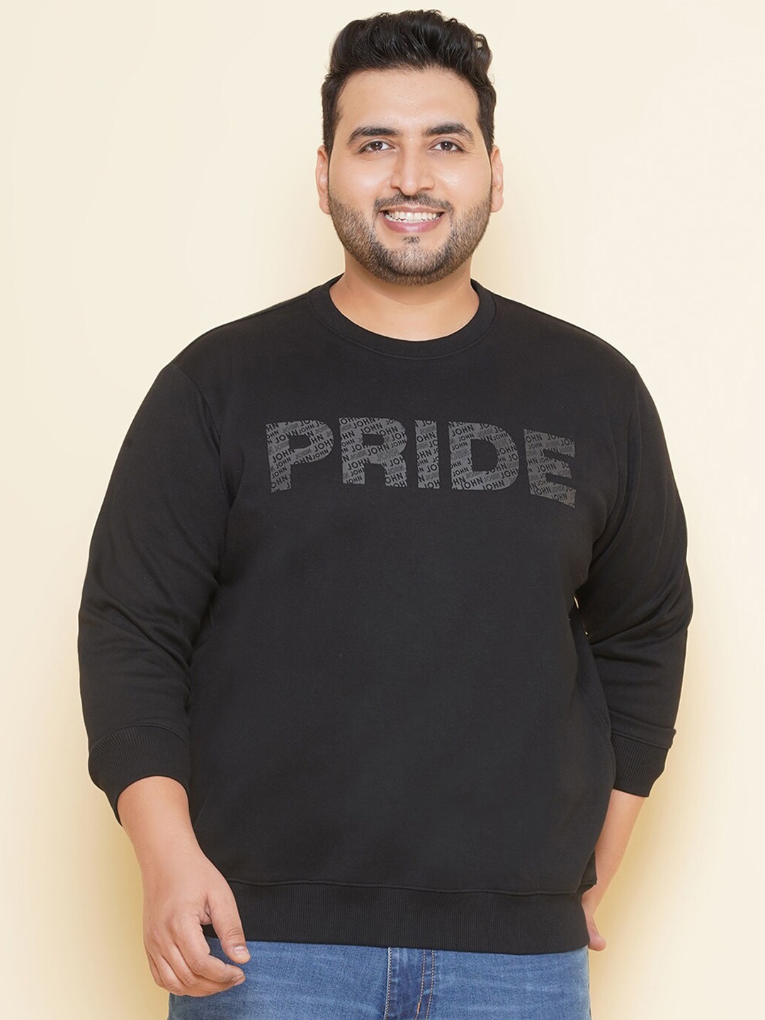 

John Pride Plus Size Typography Printed Fleece Pullover Sweatshirt, Black