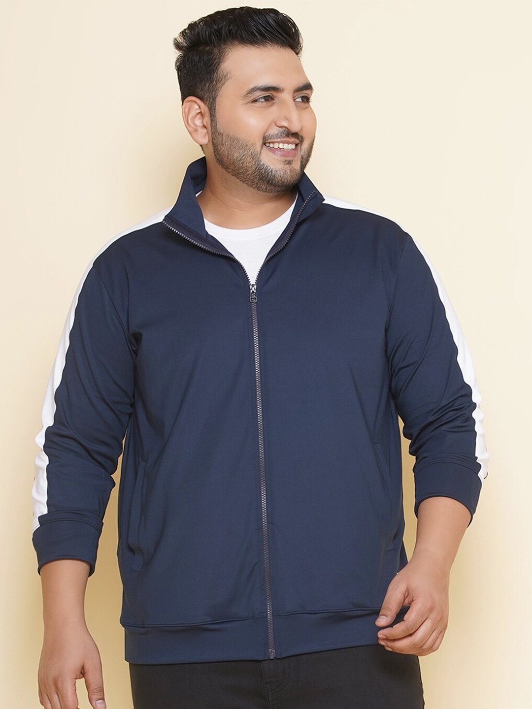 

John Pride Plus Size Mock Collar Zip Detail Front-Open Sweatshirt, Navy blue