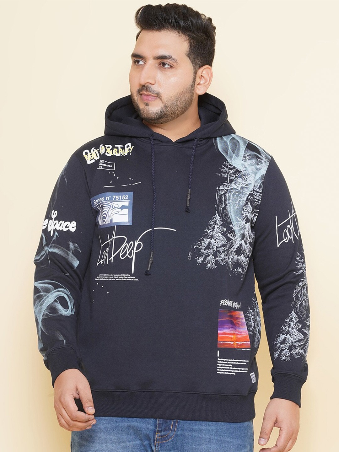

John Pride Plus Size Typography Printed Hooded Fleece Pullover Sweatshirt, Navy blue