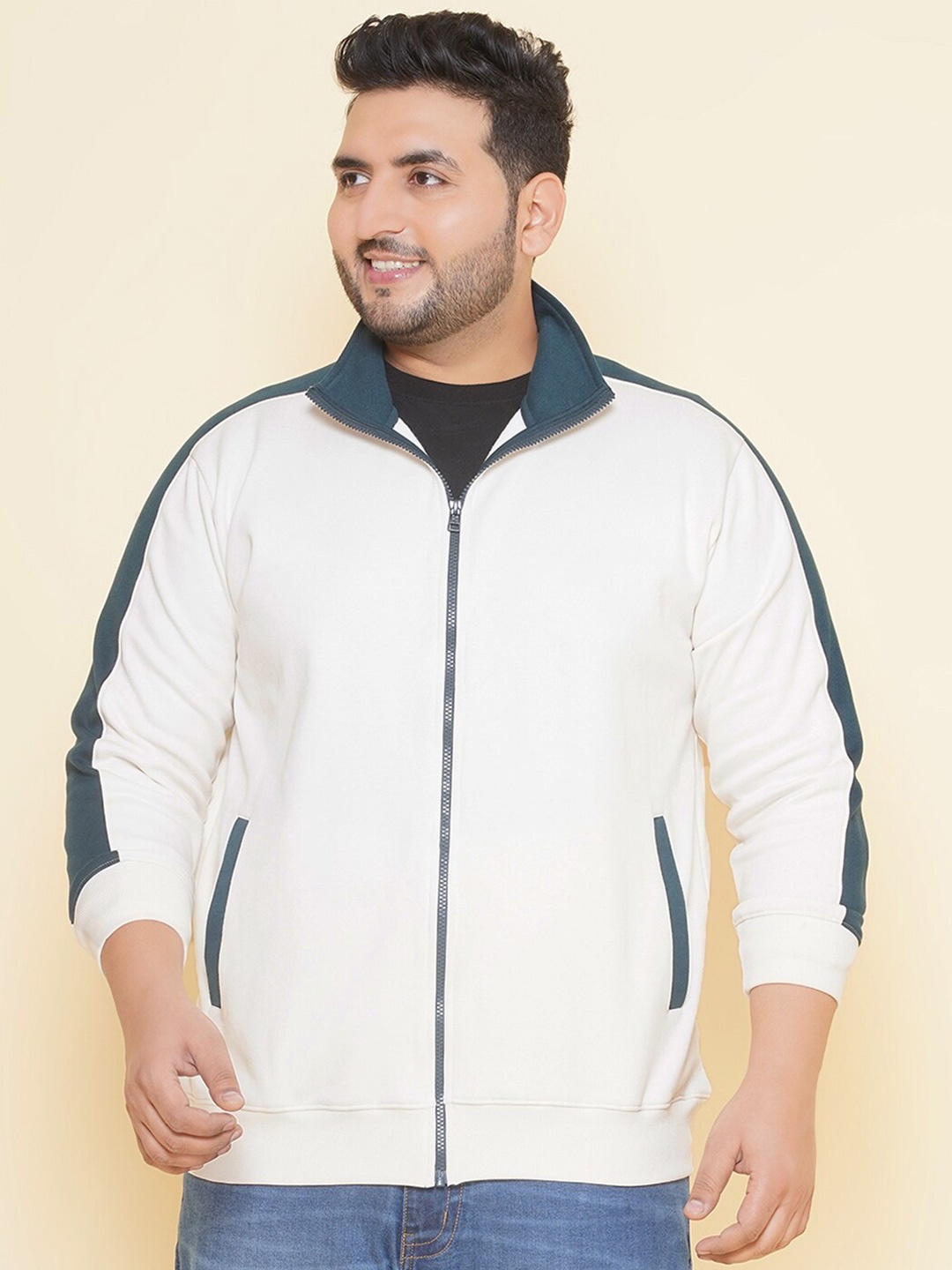 

John Pride Plus Size Colourblocked Fleece Front Open Sweatshirt, White