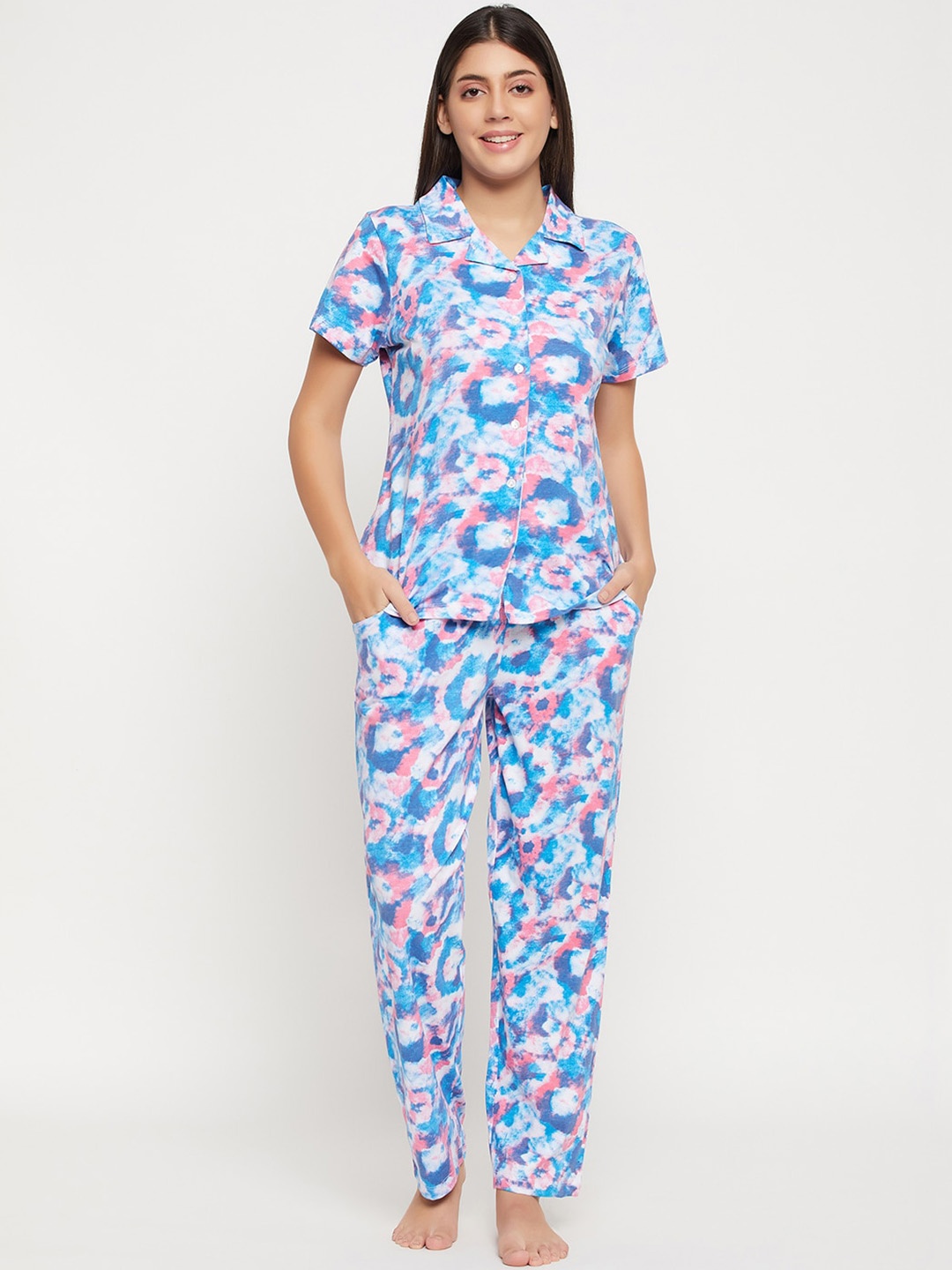 

Clovia Abstract Printed Lapel Collar Pure Cotton Shirt With Trouser Night suit, Blue
