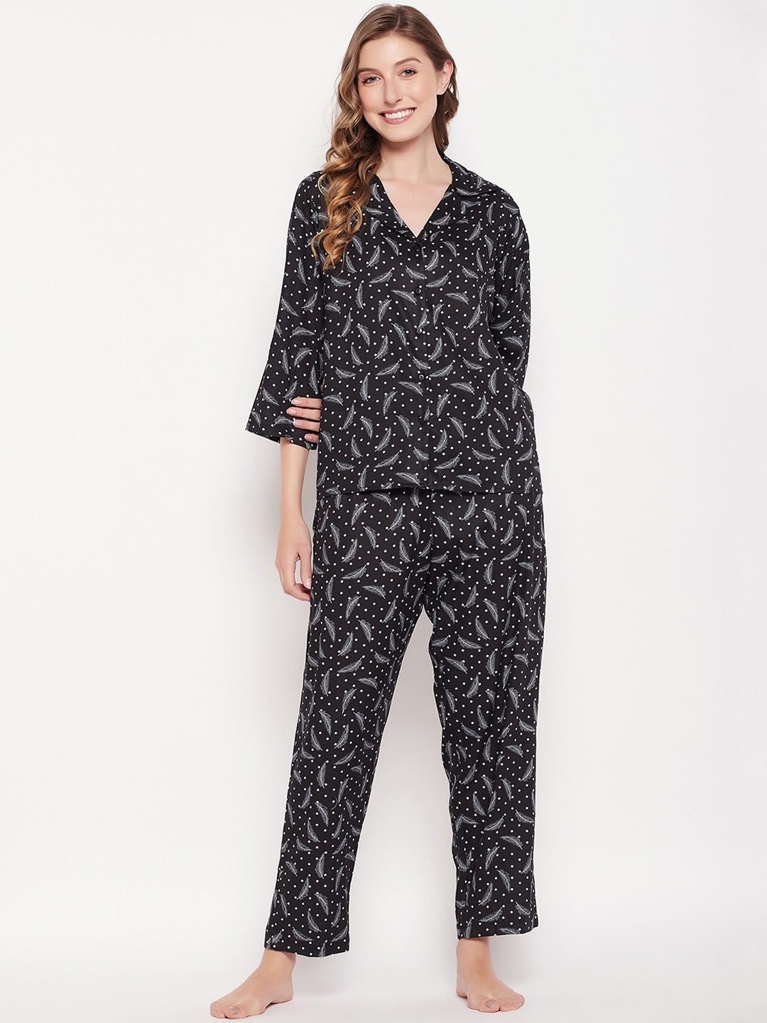 

Clovia Floral Printed Lapel Collar Shirt With Trouser Night suit, Black