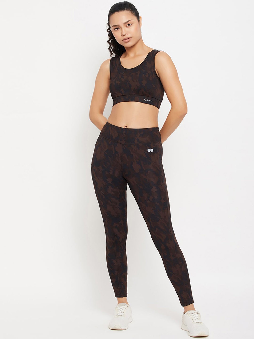

Clovia Camouflage Printed Sleeveless Padded Sports Bra & Tights Tracksuit, Brown