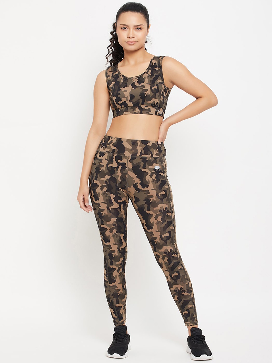 

Clovia Camouflage Printed Sleeveless Padded Sports Bra & Tights Tracksuit, Green