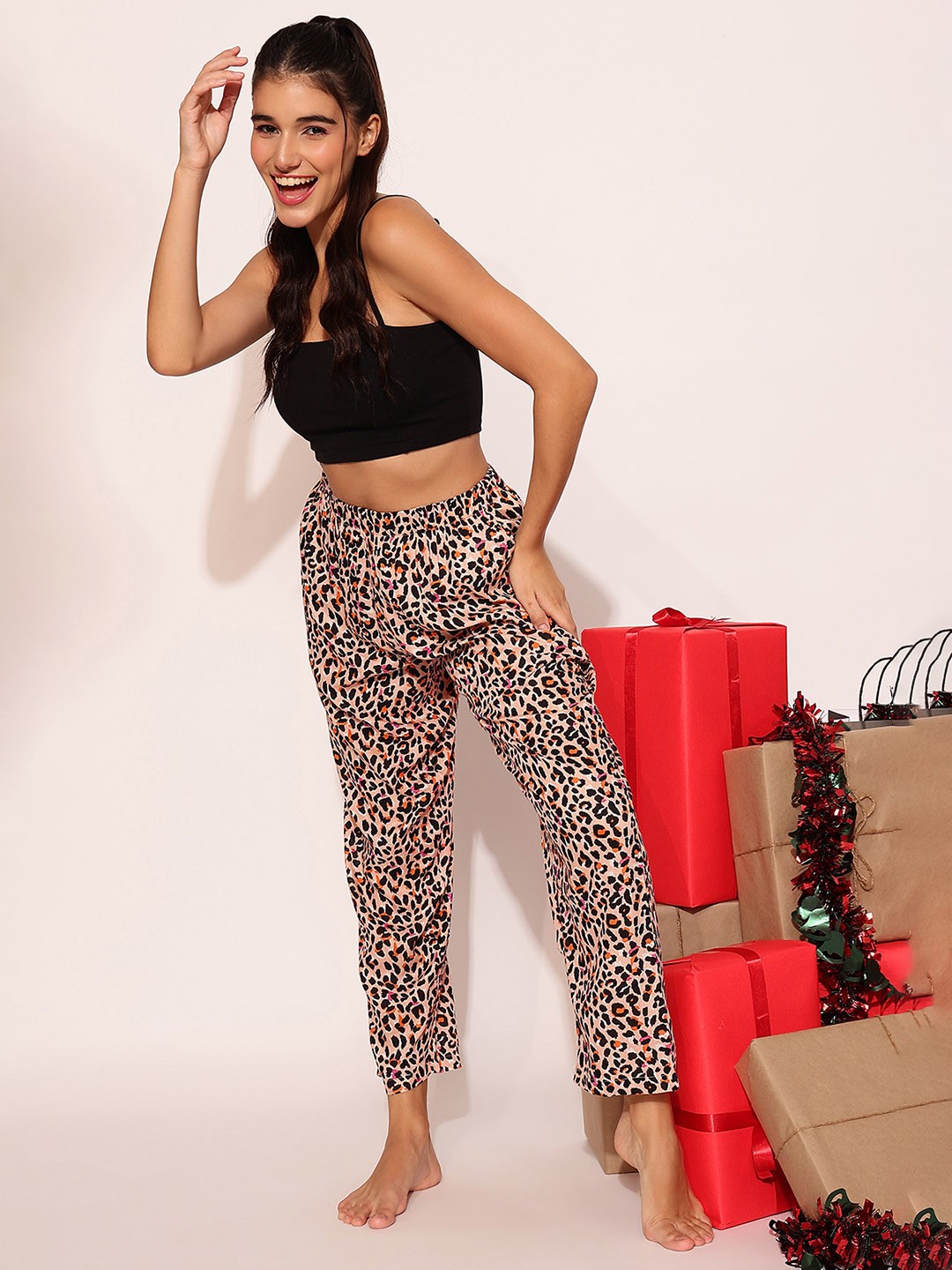 

Clovia Women Leopard Printed Straight-Leg Lounge Pants, Beige