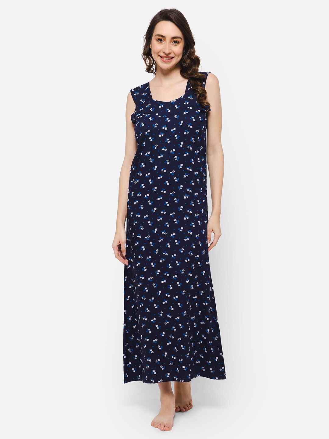 

Clovia Floral Printed Square Neck Midi Everyday Nightdress, Blue