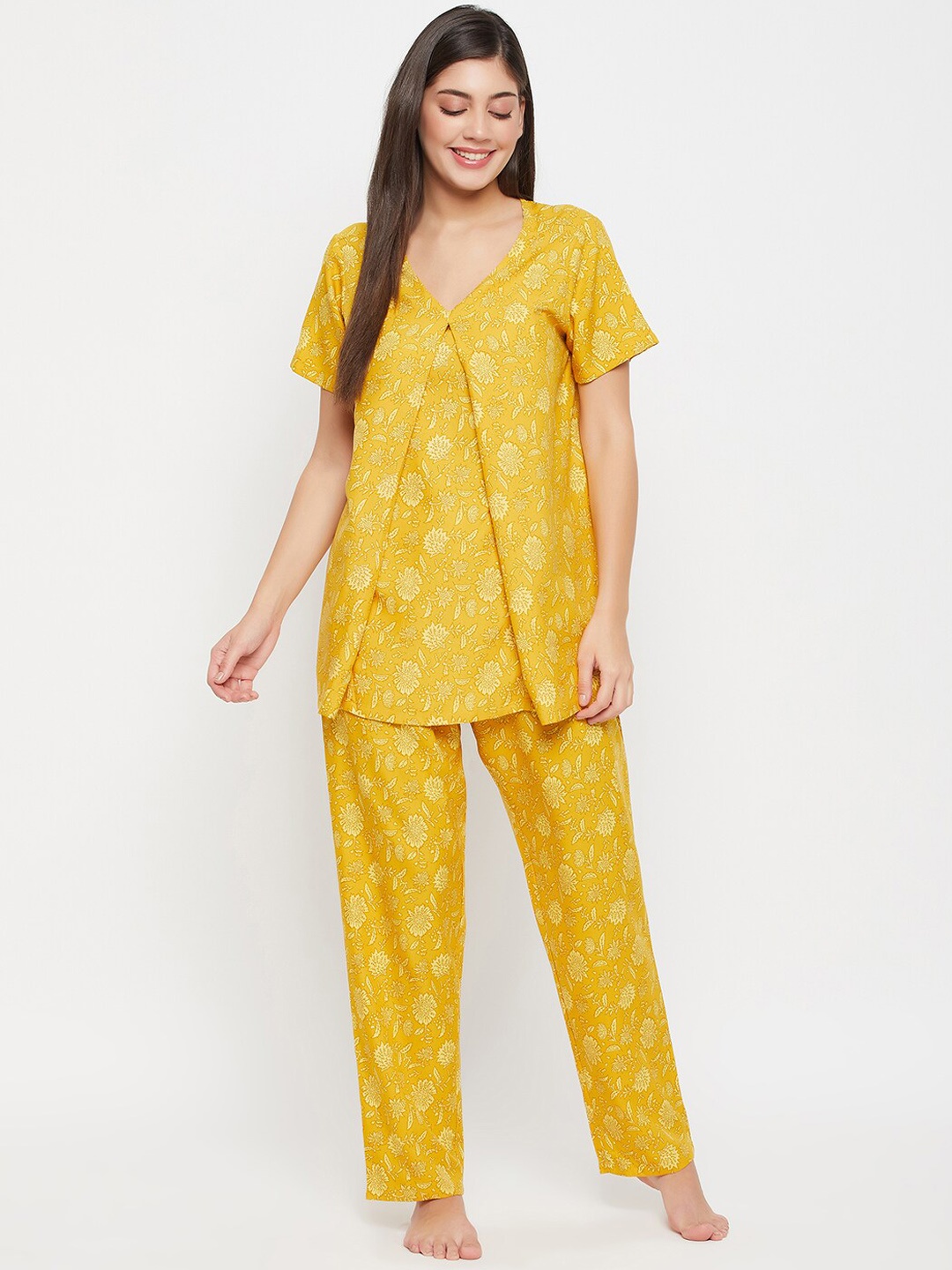 

Clovia Floral Printed V-Neck Short Sleeves Feeding Night Suit, Yellow