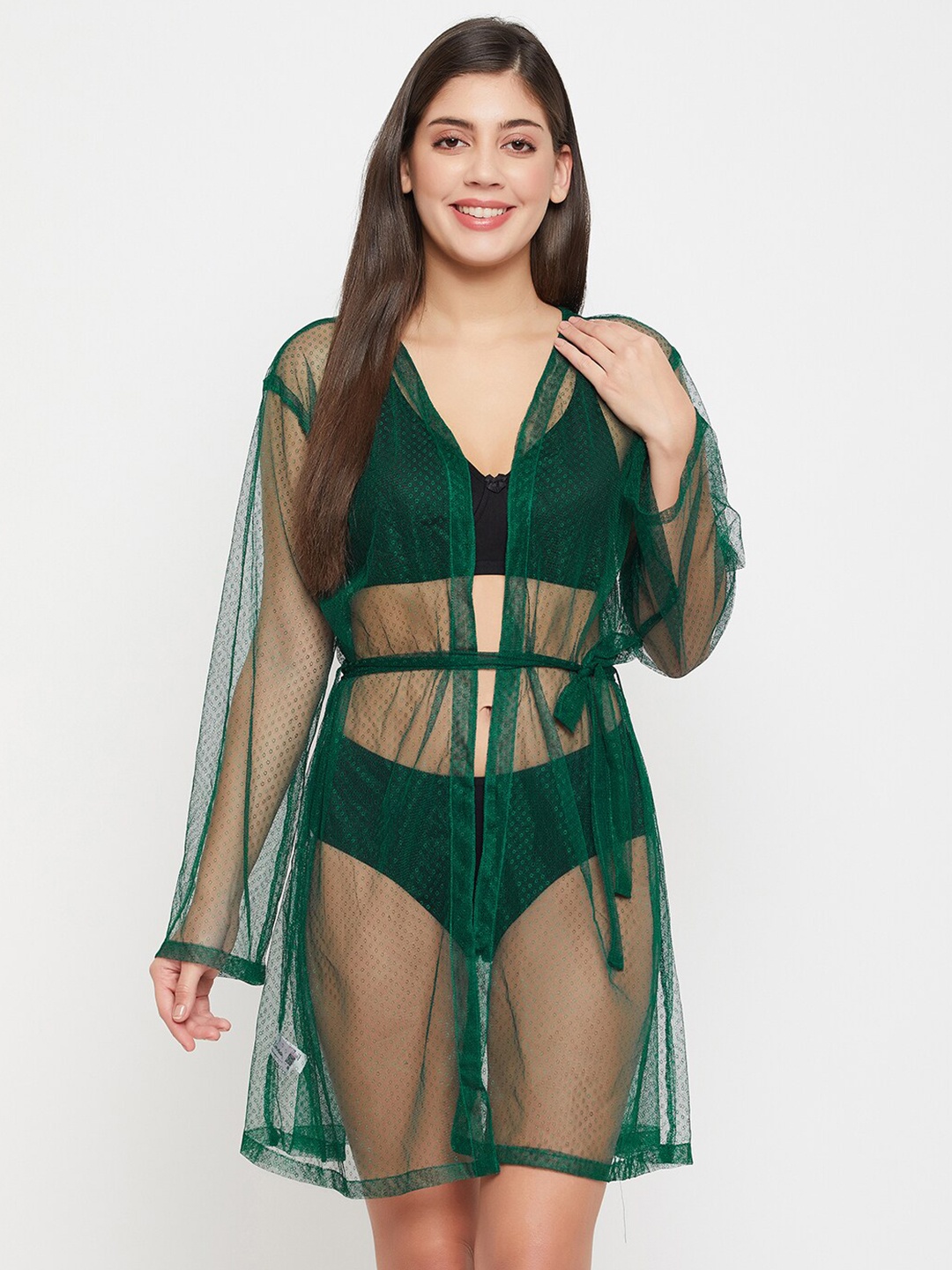 

Clovia Self Design Sheer Net Robe, Green