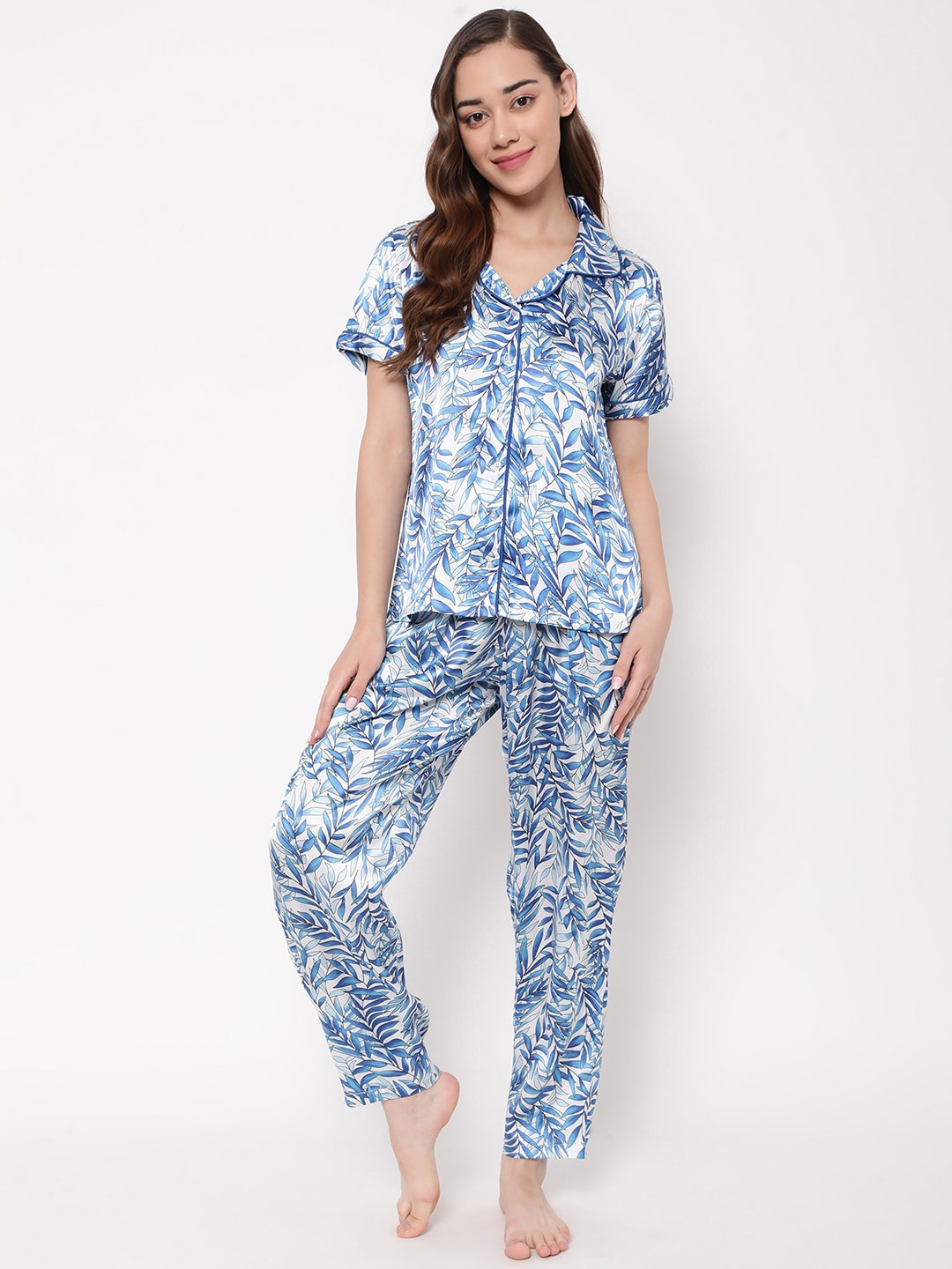 

Clovia Floral Printed Lapel Collar Top With Trouser Night suit, Grey