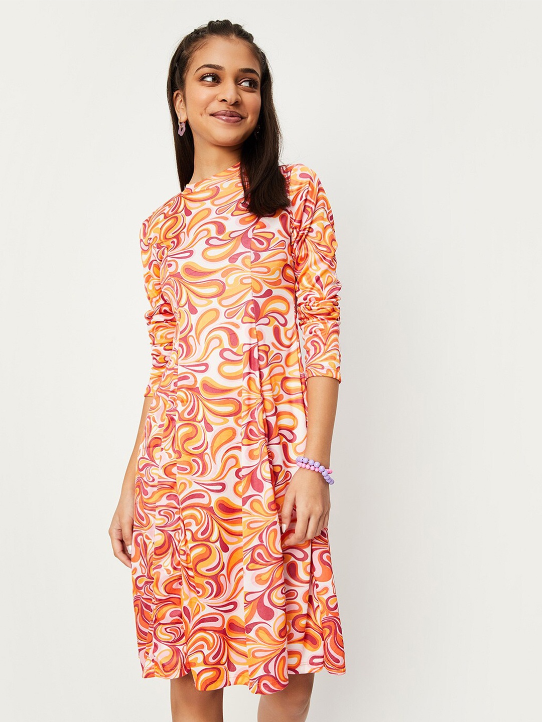 

max Girls Floral Printed Round Neck A-Line Midi Dress, White