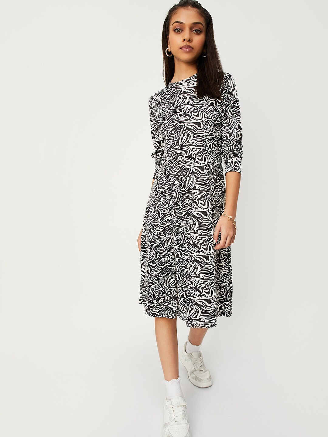 

max Girls Animal Printed Round Neck A-Line Midi Dress, White