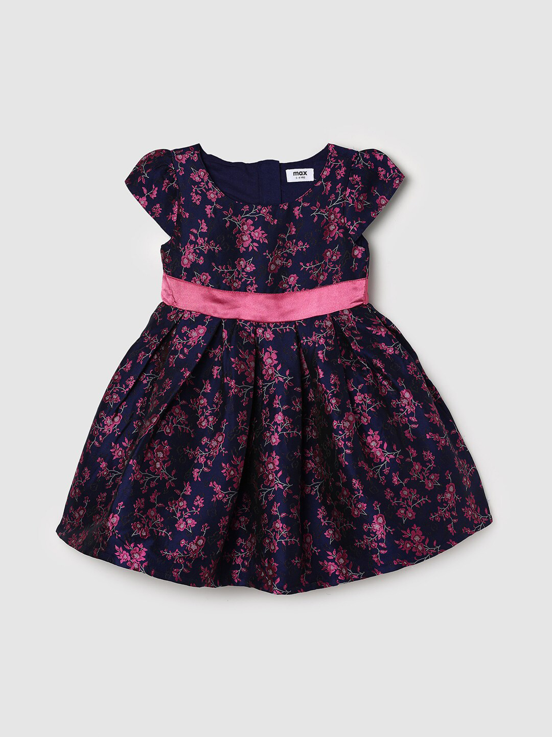 

max Girls Floral Printed Round Neck Cap Sleeve Fit & Flare Dress, Navy blue