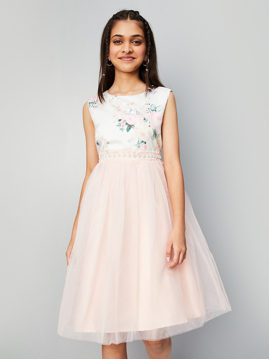 

max Girls Floral Printed Fit & Flare Dress, White