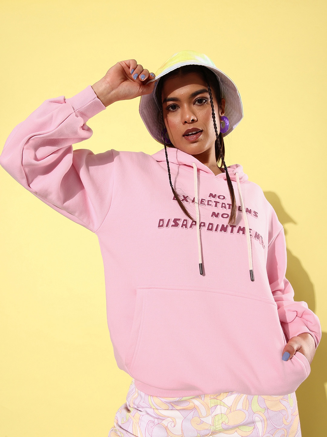 

Difference of Opinion Women Typography Printed Hooded Oversized Sweatshirt, Pink