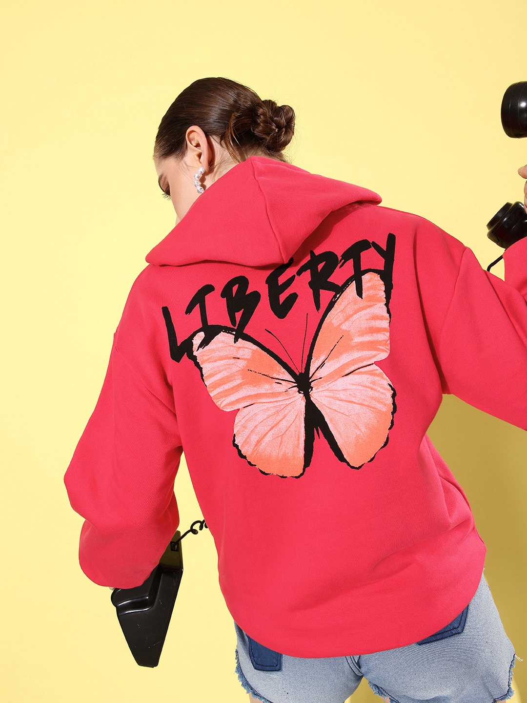 

Difference of Opinion Women Graphic Printed Hooded Oversized Sweatshirt, Pink