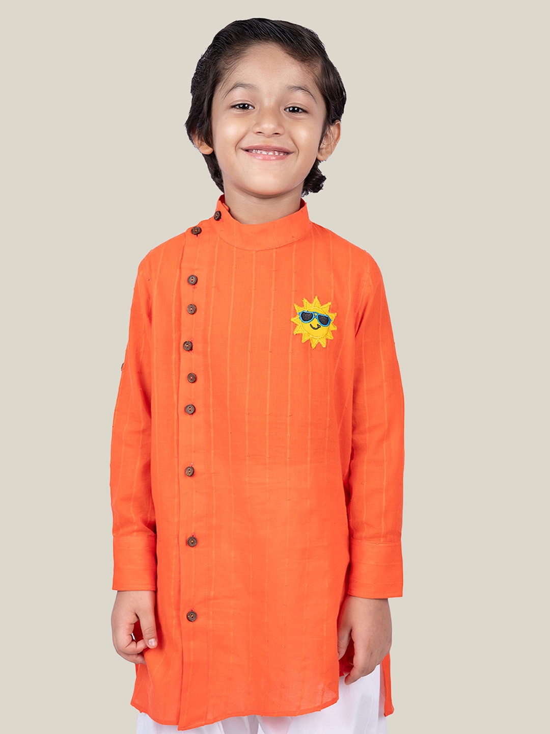 

Little Llama Boys Striped Band Collar Angrakha Dobby Pure Cotton Kurta, Orange