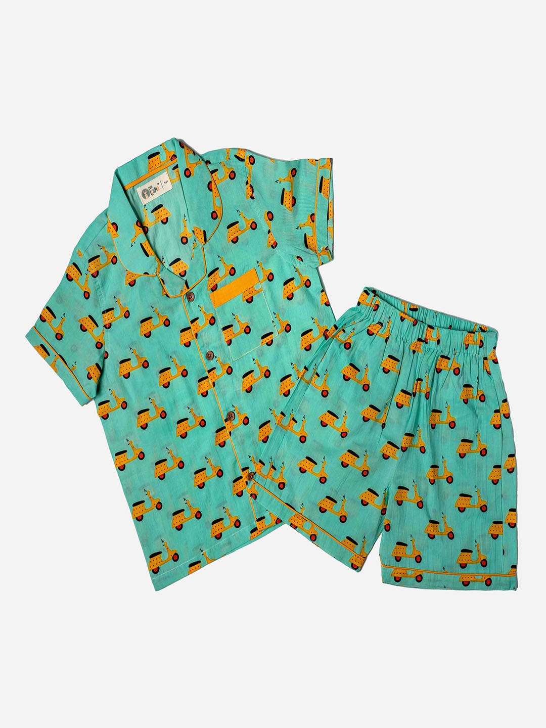 

Little Llama Kids Scooter Printed Lapel Collar Pure Cotton Shorts & Shorts, Green