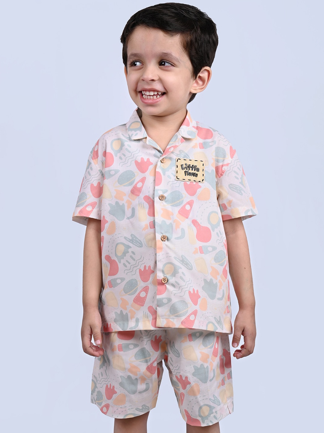 

Little Llama Kids Printed Shirt & Shorts, Cream