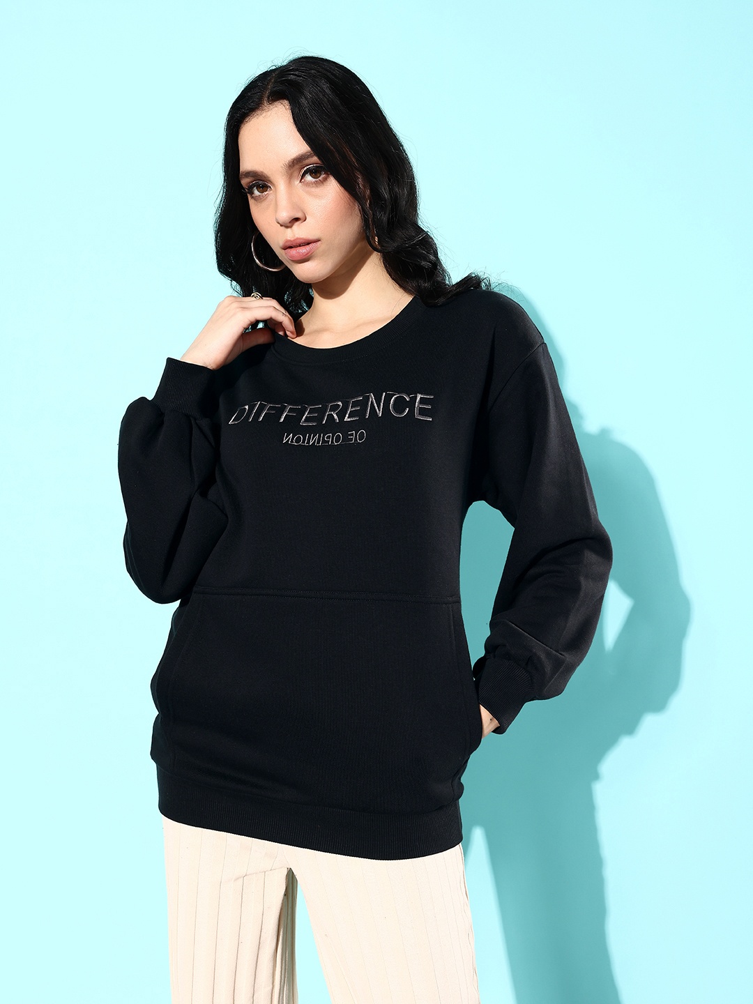 

Difference of Opinion Women Embroidered Oversized Sweatshirt, Black