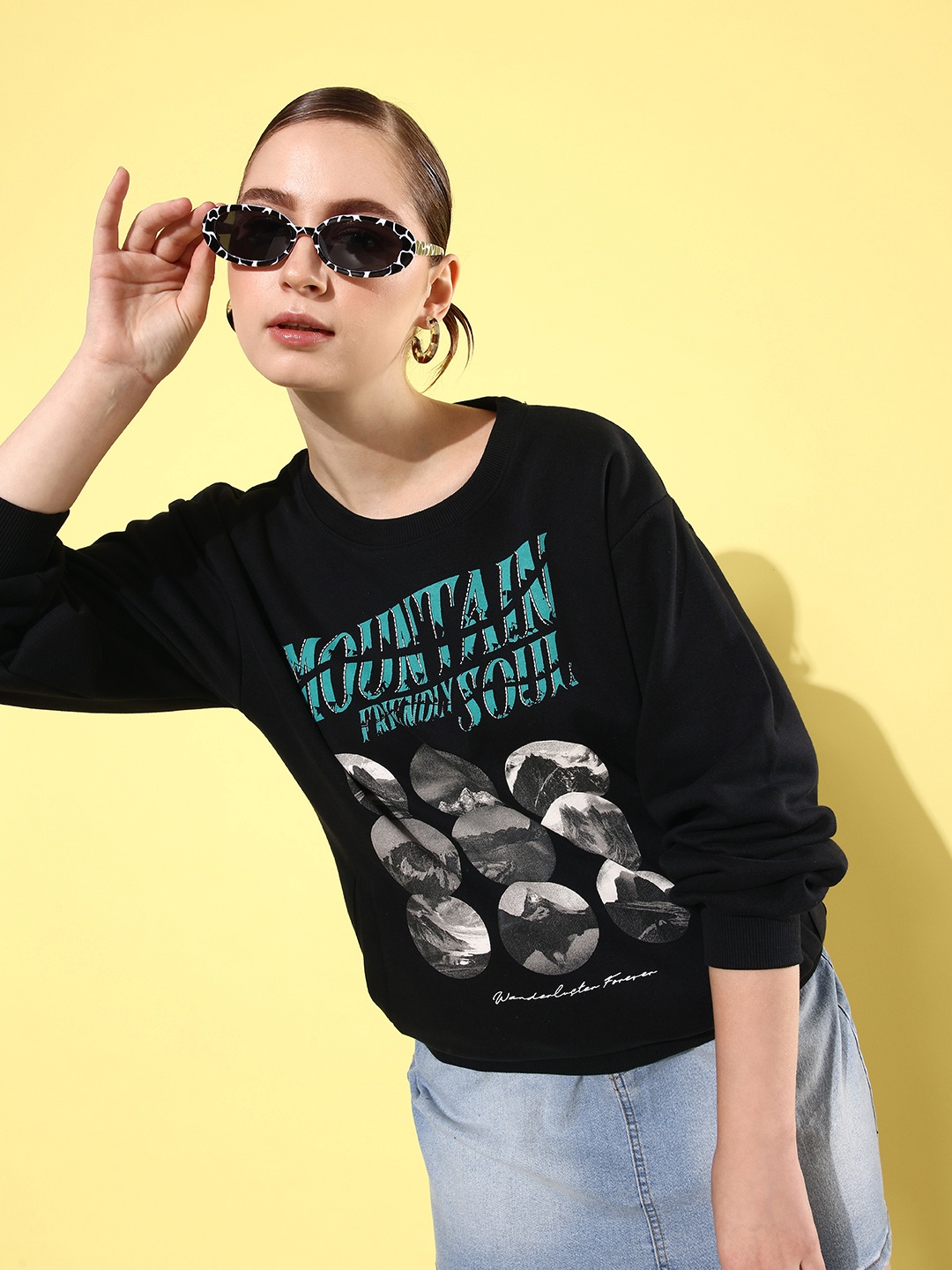 

Difference of Opinion Women Printed Oversized Sweatshirt, Black