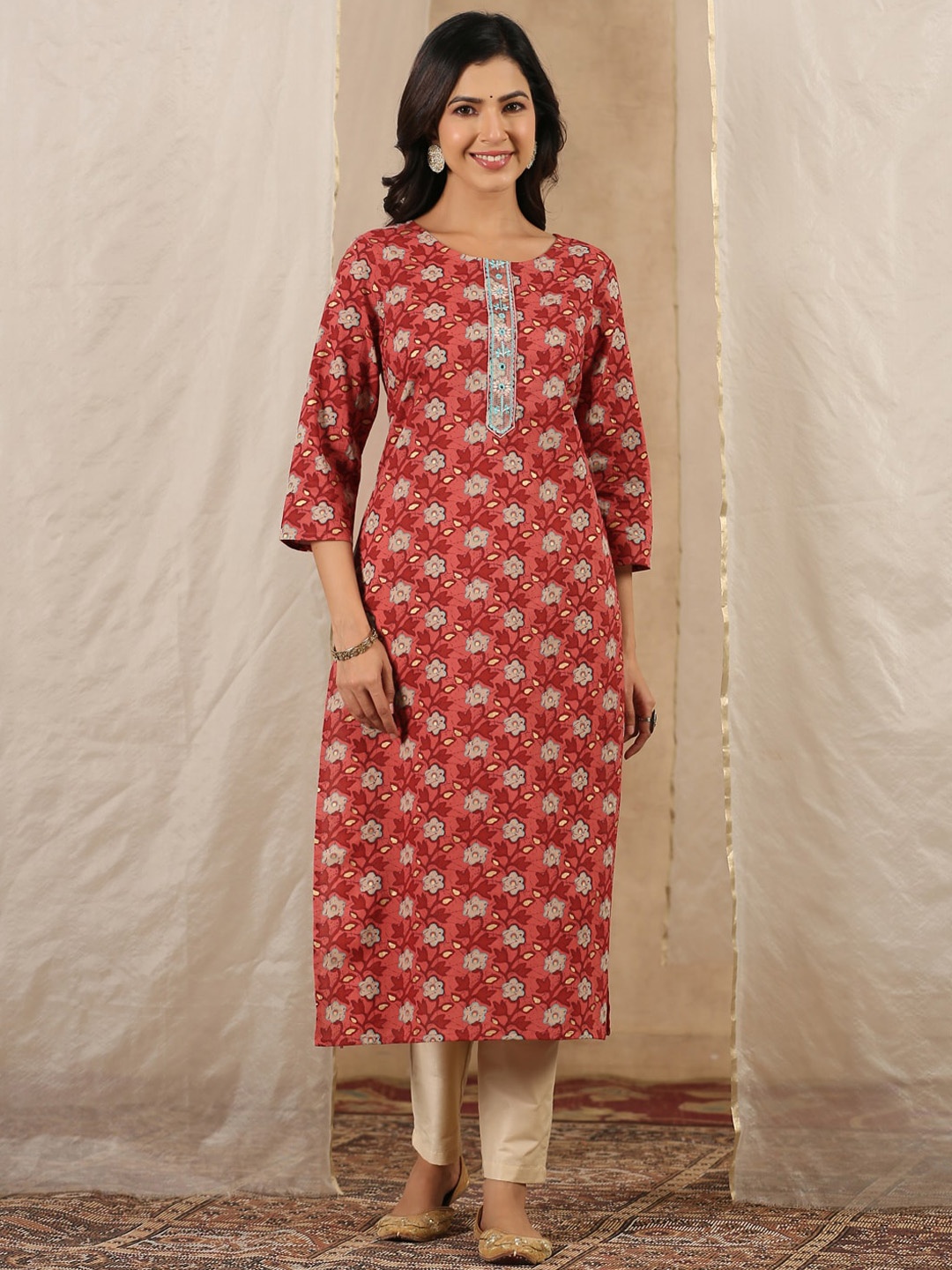 

Sangria Ethnic Motifs Printed Thread Work Detail Pure Cotton Straight Kurta, Red