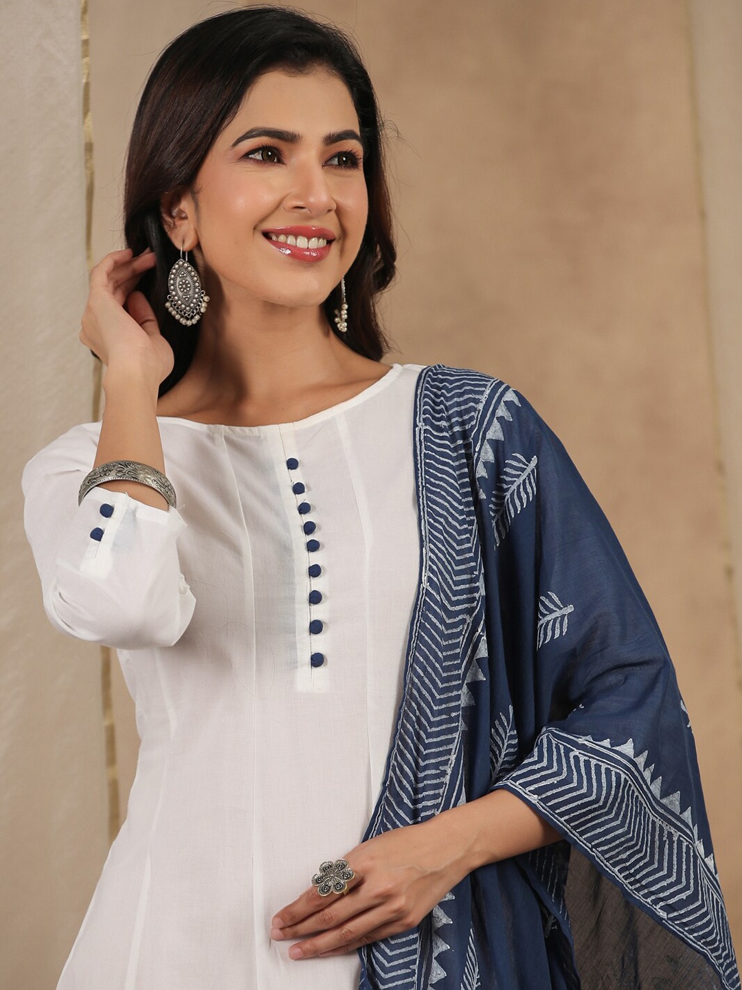 

Sangria Ethnic Motifs Printed Anarkali Pure Cotton Kurta With Dupatta, White