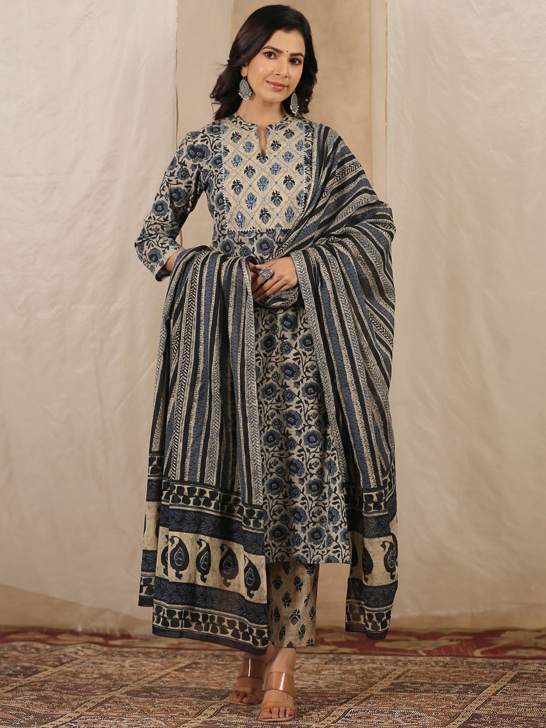 

Sangria Floral Printed Mandarin Collar Pure Cotton Straight Kurta With Trouser & Dupatta, Beige