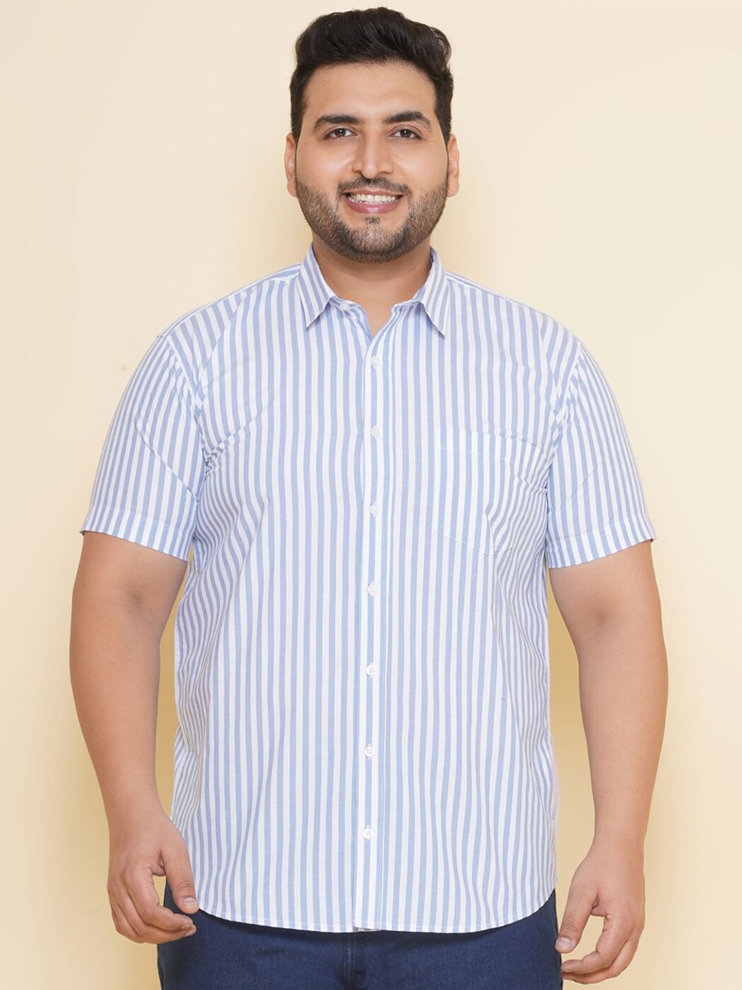 

John Pride Plus Size Vertical Striped Casual Pure Cotton Shirt, Blue