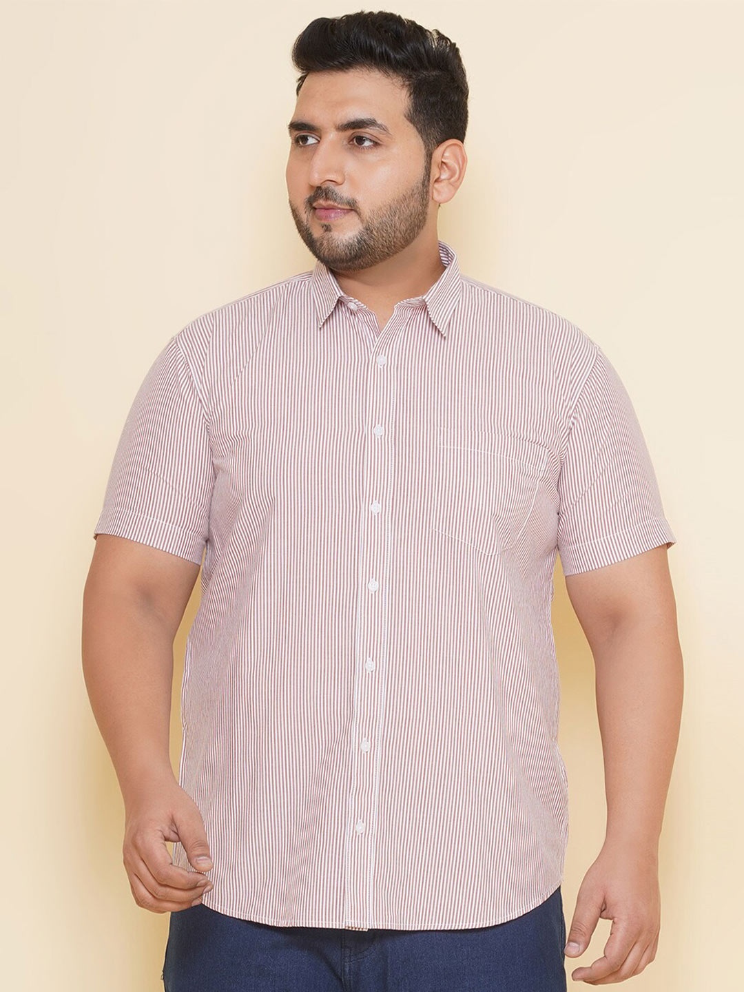 

John Pride Plus Size Striped Pure Cotton Casual Shirt, Brown