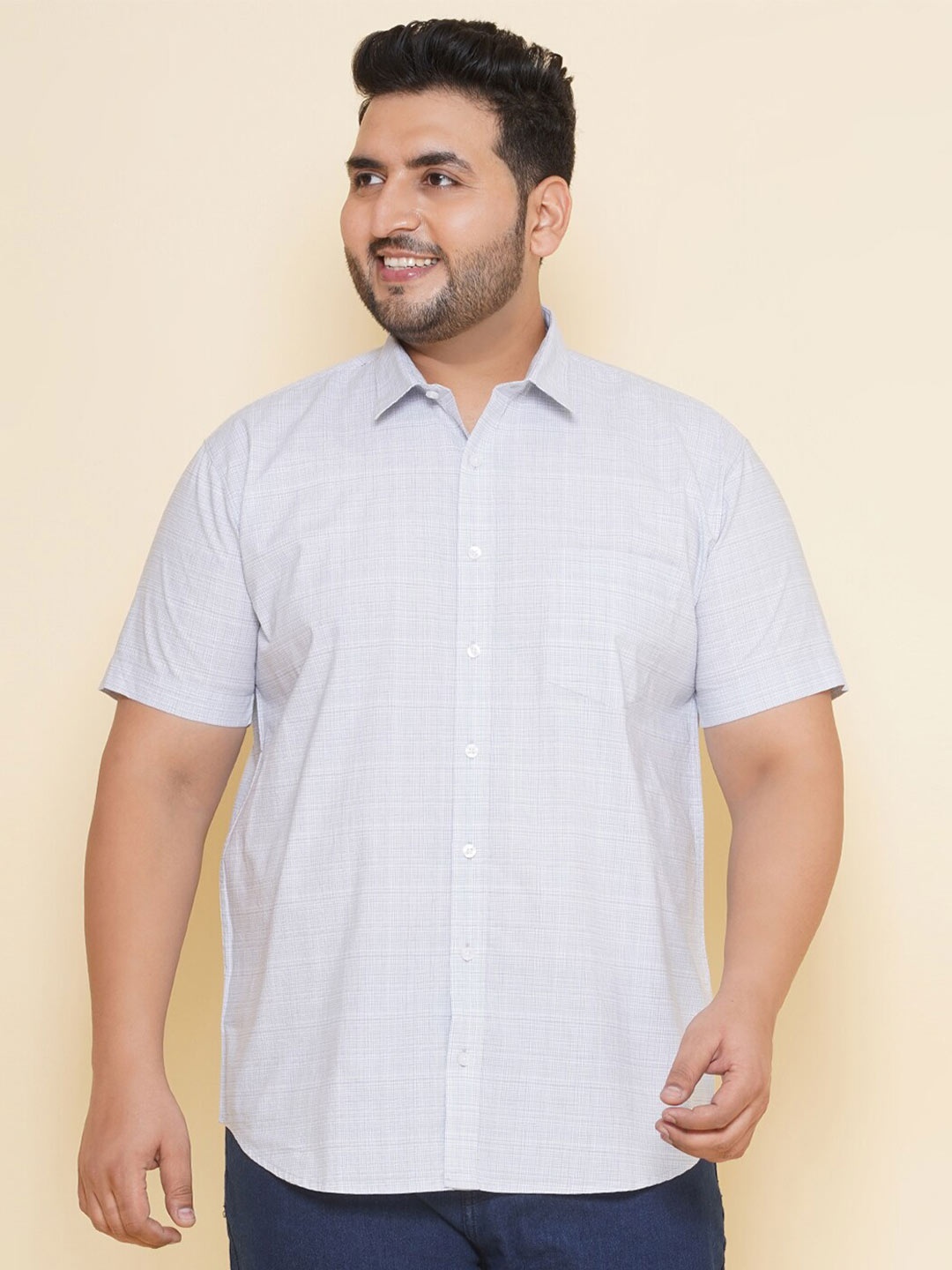 

John Pride Plus Size Opaque Checked Cotton Casual Shirt, White