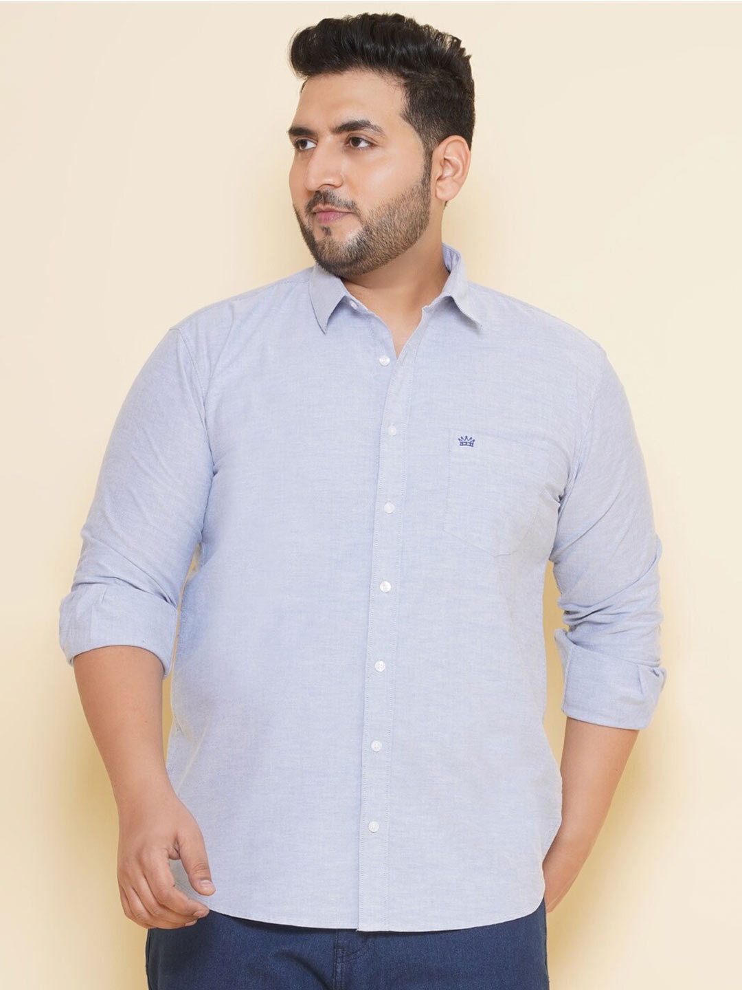 

John Pride Plus Size Spread Collar Opaque Cotton Casual Shirt, Blue